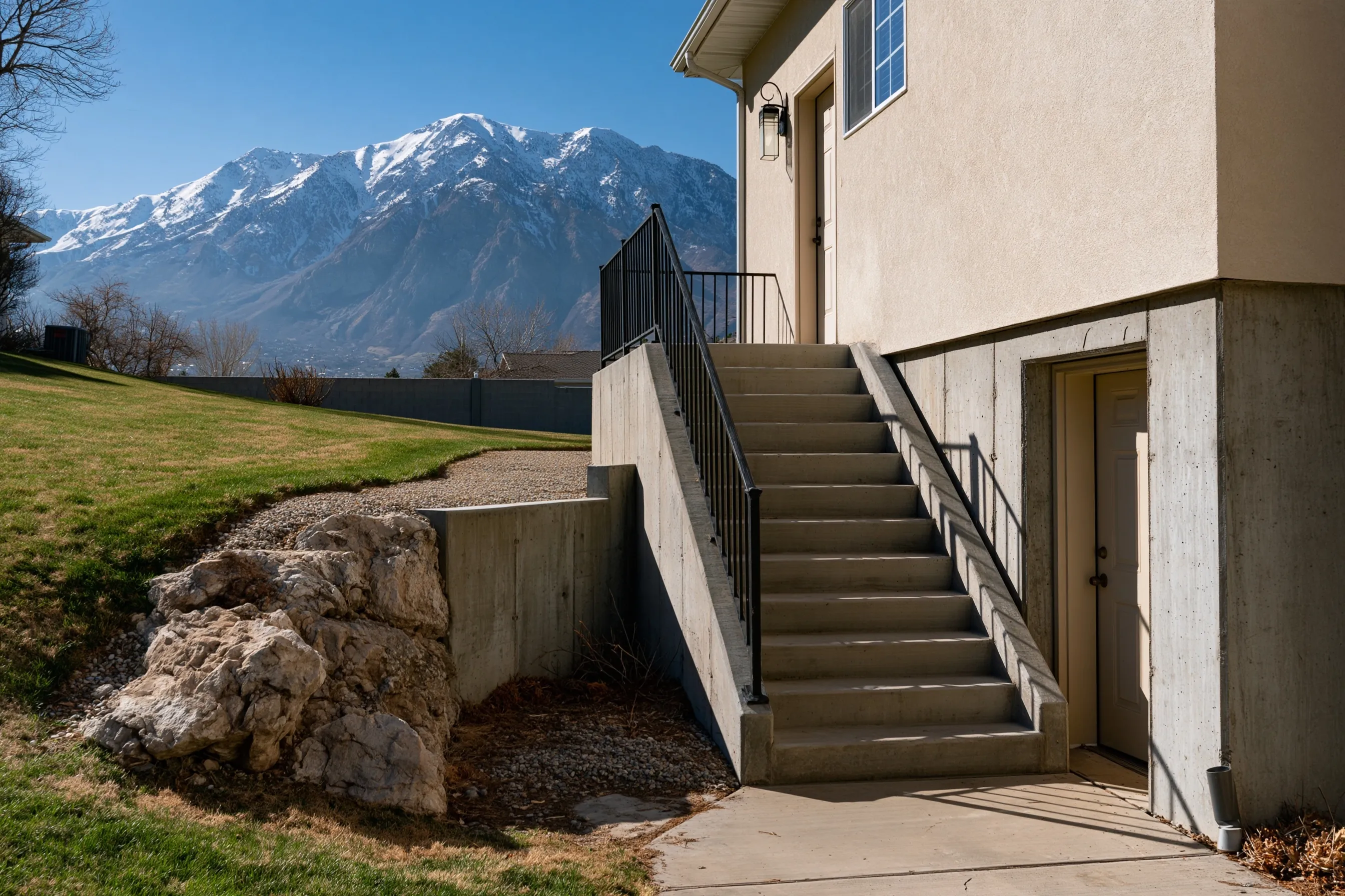 Side of a stucco house with a concrete stair and black metal railing rising to an upper door, a second door in the foundation wall at the foot of the stair, a boulder retaining wall and snow-capped mountains behind