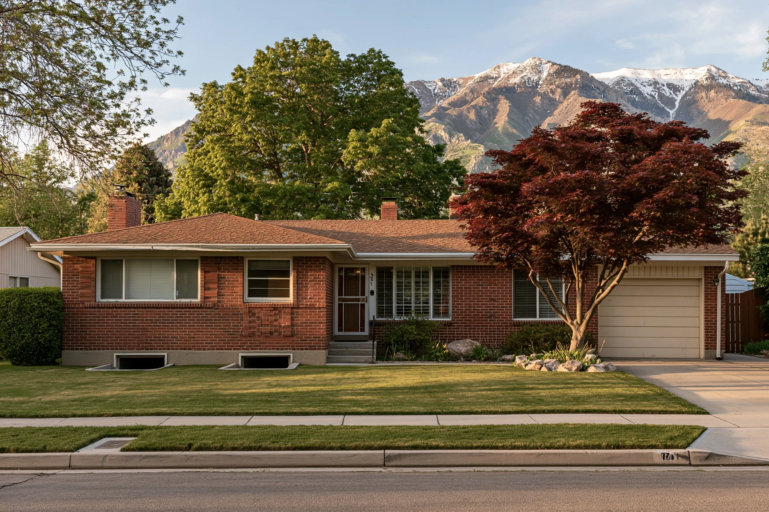 Front of a 1960s brick rambler with a low-pitch roof, an attached single garage and two window wells at the foundation, mature maples and the Wasatch Range behind in evening light