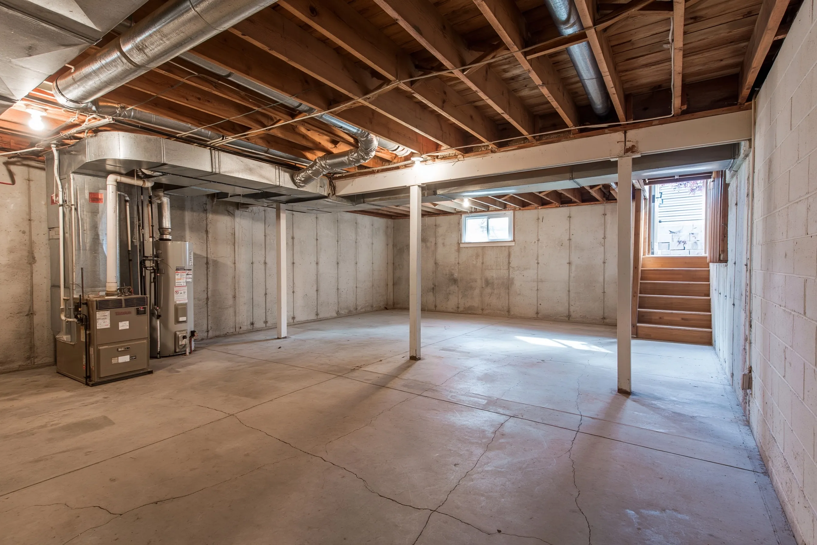 Unfinished basement with poured concrete walls, exposed floor joists and ducts, a gas furnace and water heater in one corner, a small window with a window well and a bare concrete slab